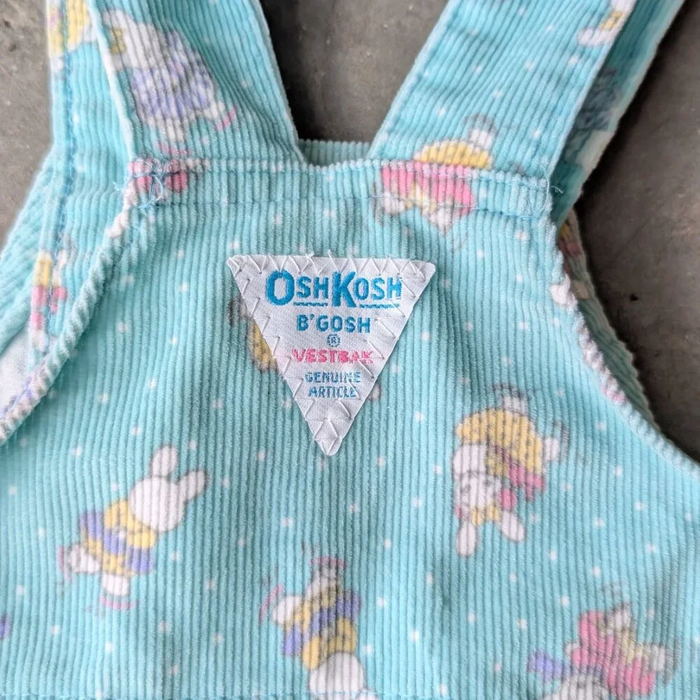 Vintage Oshkosh B'Gosh Teal Corduroy Bunny Rabbit Pattern Overall Dress size 4T